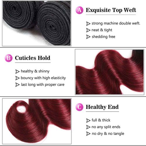 GLSMOSNW 1B/99j Bundles Human Hair 14 16 18 Inch Burgundy Ombre Body Wave Bundles Double Weft Unprocessed Brazilian Virgin Hair Extensions Black And Wine Red