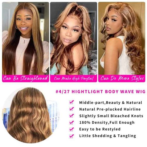 Aicrelery 4/27 Highlight 13x6 Lace Front Wigs Human Hair 13x6 Honey Blonde HD Lace Front Wig Pre Plucked with Baby Hair 180% Density Highlight Ombre Body Wave Lace Frontal Wig for Women 18 Inch