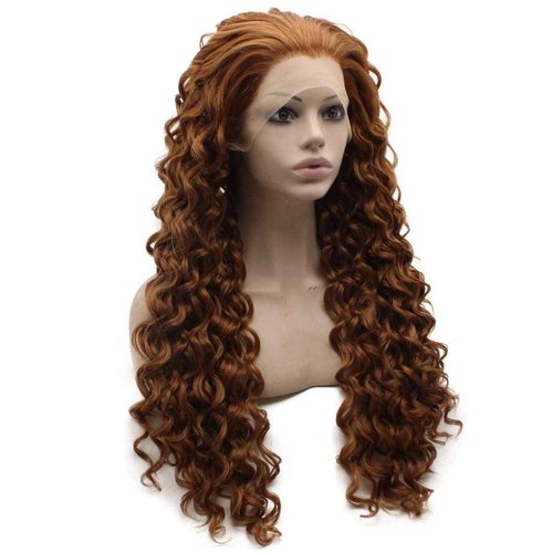 MX angel Long Curly Dark Auburn Curly Lace Front Synthetic Wig