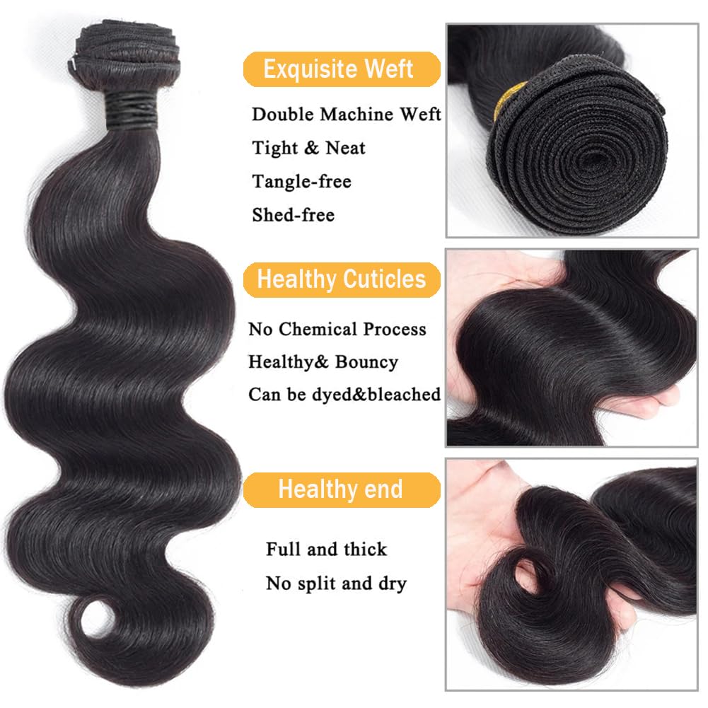 12A Body Wave Human Hair Bundles with Closure 18 20 22Inch Brazilian Body Wave 100% Unprocessed Virgin Human Hair Extensions 3 Bundles with 4x4 Lace Closure Free Part Natural Black Color