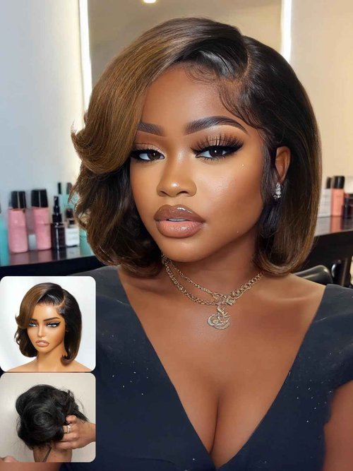 Nadula Glueless Bye Bye Knots Short Bob Drawstring Wig human Hair with Blow Out Bangs, Black to Chestnut Brown Ombre Pre Cut 7X5 HD Lace Front Wigs Pre Plucked Bleached Knots Ready to Wear 12inch