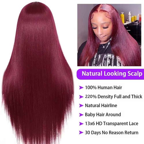 CHEETAHBEAUTY 99j Burgundy Lace Front Wigs Human Hair 24Inch 13x6 Burgundy Wig Human Hair 220% Density Brazilian Virgin Straight Human Hair Wigs for Women Pre Plucked with Baby Hair