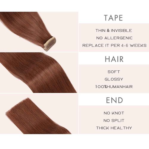 Tape in Hair Extensions Real Human Hair 24 Inch Dark Auburn Double Sided Tape for Skin Weft Hair Extension Invisible Straight Remy Human Hair for Women 20pcs (33#,24 Inch)