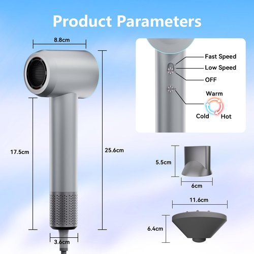 Hair Dryer, 240000 RPM High-Speed Ionic Blow Dryer, 3 Temps/2 Speeds, Lightweight, Low Noise, with Magnetic Diffuser & Nozzle, Thermo-Control for Home Travel Salon, Silver