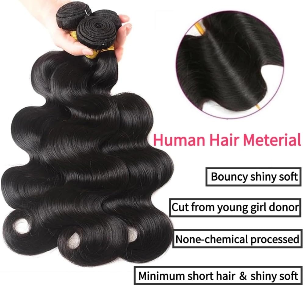 Genrein Body Wave Bundles Human Hair 16 18 20 Inch Brazilian Body Wave Human Hair 3 Bundles Natural Black Virgin Human Hair Extensions Unprocessed Wavy for Women