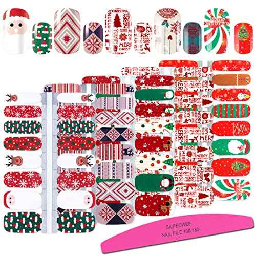 SILPECWEE 5 Sheets Christmas Nail Polish Stickers Decals Stick on Nail Polish Strips Holiday Self Adhesive Nail Stickers Full Nail Wraps for Women Nail Art Accessories with Nail File
