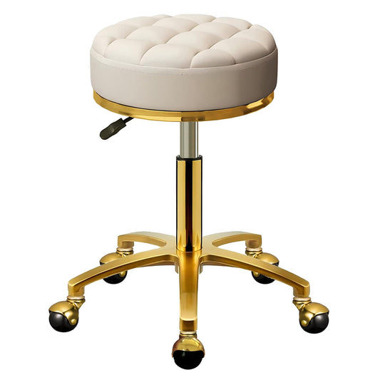 HZLCMPY Rolling Stool Gold Vanity Stool with Wheels, Pedicure Massage Roller Stools, PU Leather Round Swivel Salon Spa Chair, Titanium Gold Base, Height Adjustable 43-55 cm (Off White)