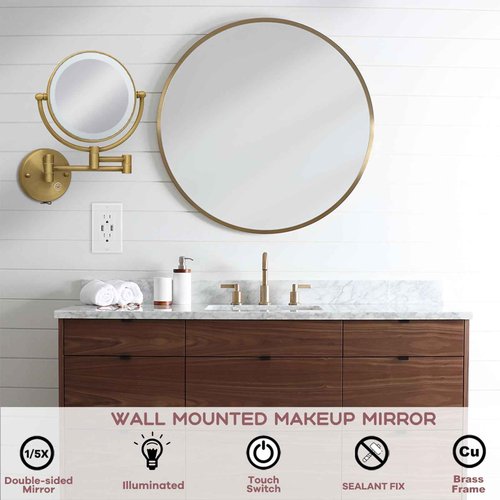 RECKODOR Brass Wall Mounted Makeup Mirror with Lights and Magnification, Rechargeable Lighted Magnifying Mirror Wall Mount with 1X and 5X, Brushed Antique Brass Bathroom Arts Ware