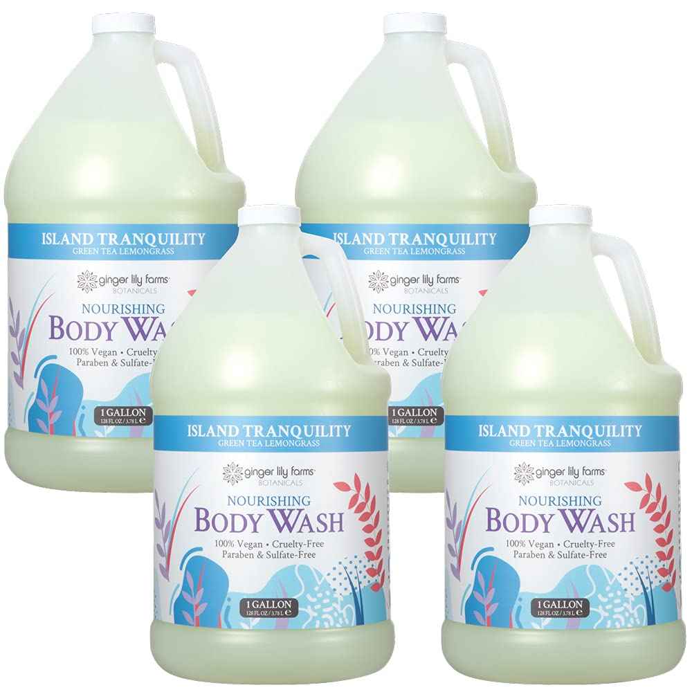 Ginger Lily Farms Botanicals Nourishing Body Wash, Island Tranquility, 100% Vegan & Cruelty-Free, Green Tea Lemongrass Scent, 1 Gallon Refill (Pack of 4)