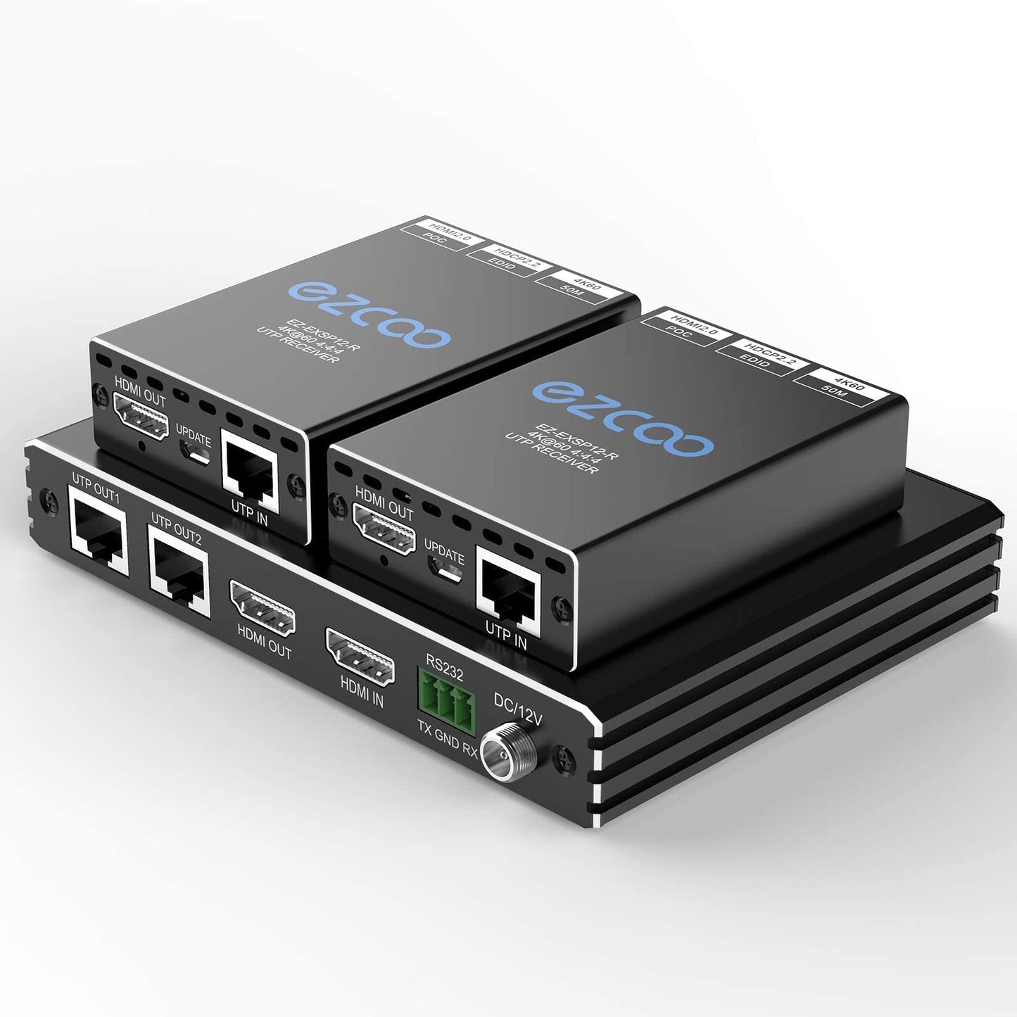 1x2 HDMI 2.0 Extender Splitter 4K 60Hz 4:4:4 HDR Over Cat5e/6/7 165ft/50m with 2 Loopouts - EDID 4K 7.1/ 4K 5.1/Copy Switch, 4K Down-Scaler 1080P, Bi-Directional IR PoE RS232, Cascade EXSP12