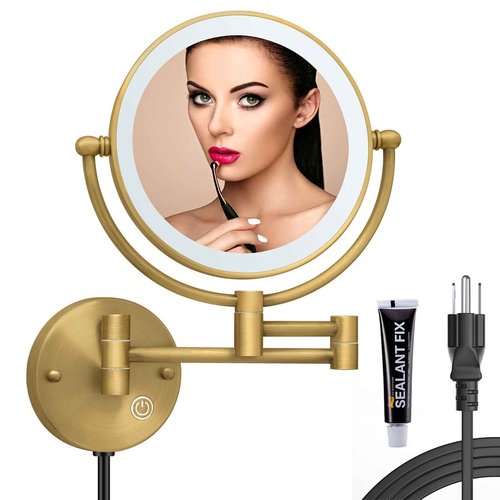 RECKODOR 8" Brass Wall Mount Makeup Mirror with Lights, 1X/5X Double Sided Personal Mirrors for Bathroom with 360 Swivel Extendable, Antique Brass Indoor Arts Ware, Plug Powered