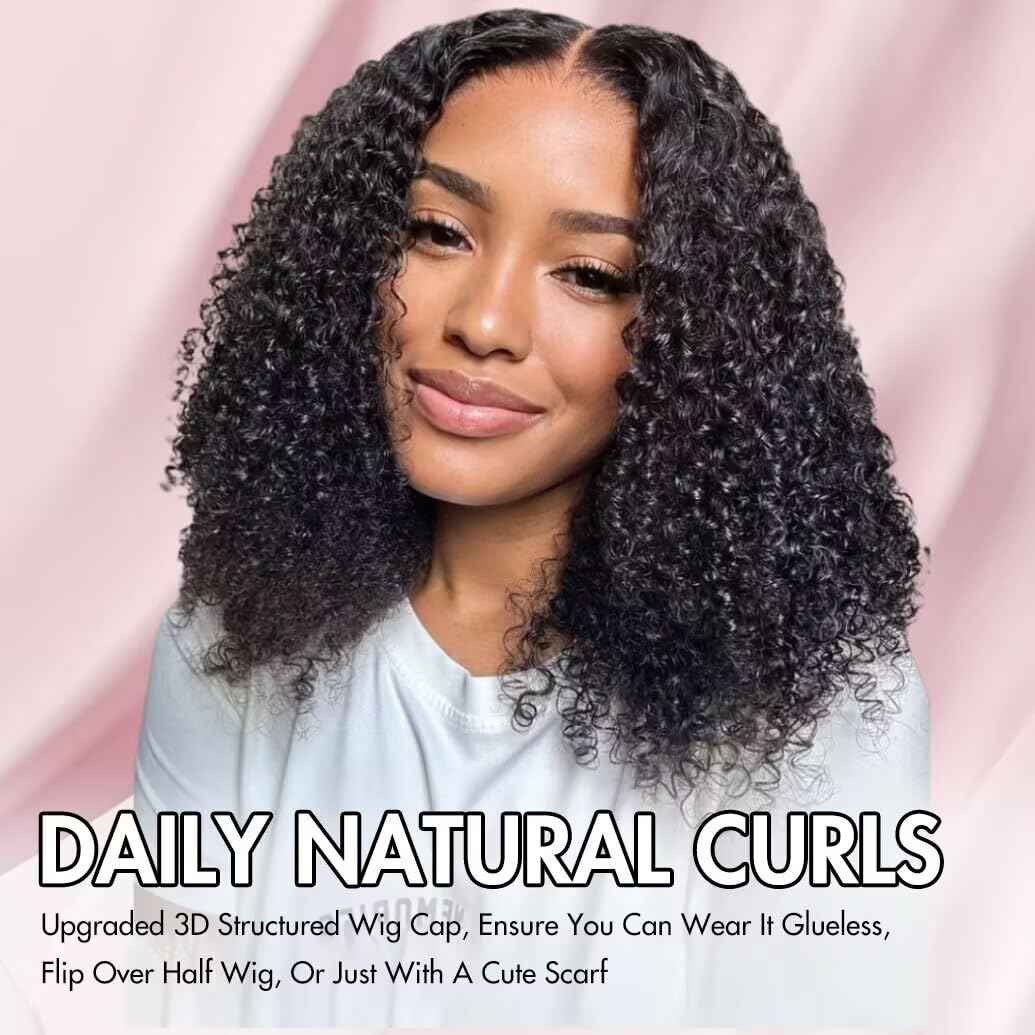 200% Density Mongolian Curly Human Hair Wigs 13X4 HD Lace Front Wigs Wear and Go Glueless Wigs Human Hair Pre Plucked with Baby Hair Unprocessed Virgin Hair Natural Black Color Curly Wig 16Inch