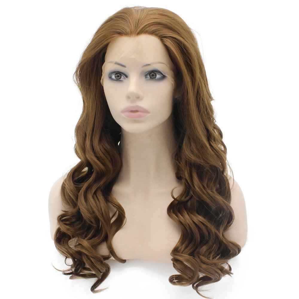 24inch Long Wavy Brown Lace Front Wig Half Hand Tied Heat Resistant Synthetic Hair Wig at Mxangel
