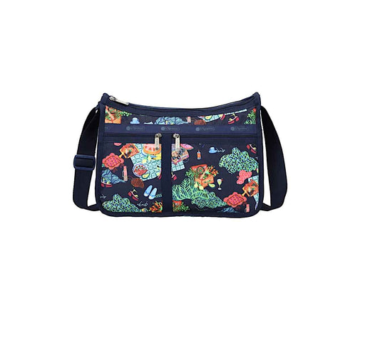 LeSportsac Painted Picnic Deluxe Everyday Crossbody Bag + Cosmetic Bag, Style 7507/Color E539, Endless Summer Fun, Vibrant Colorful Picnic, Sunkissed Fruits, Sweet Treats, Relaxing Alfresco