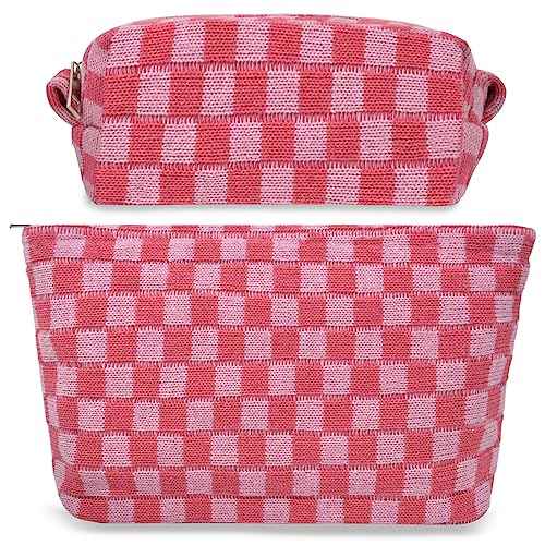 Makeup Bags Checkered Cosmetic Bag- 2PCS Travel Toiletry Bag Aesthetic Portable Accessories Pouch Preppy Pencil Checkered Pencil Pouch Case Cute Brushes Storage Bag for Women - Pink