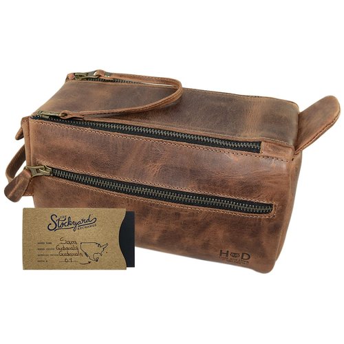 Hide & Drink, Toiletry Bag w/Handles, Hygiene Organizer, Travel Dopp, Razor Case, Bathroom, Shaving, Cosmetic Storage, Travel & Grooming Essentials, Full Grain Leather, Handmade, Bourbon Brown