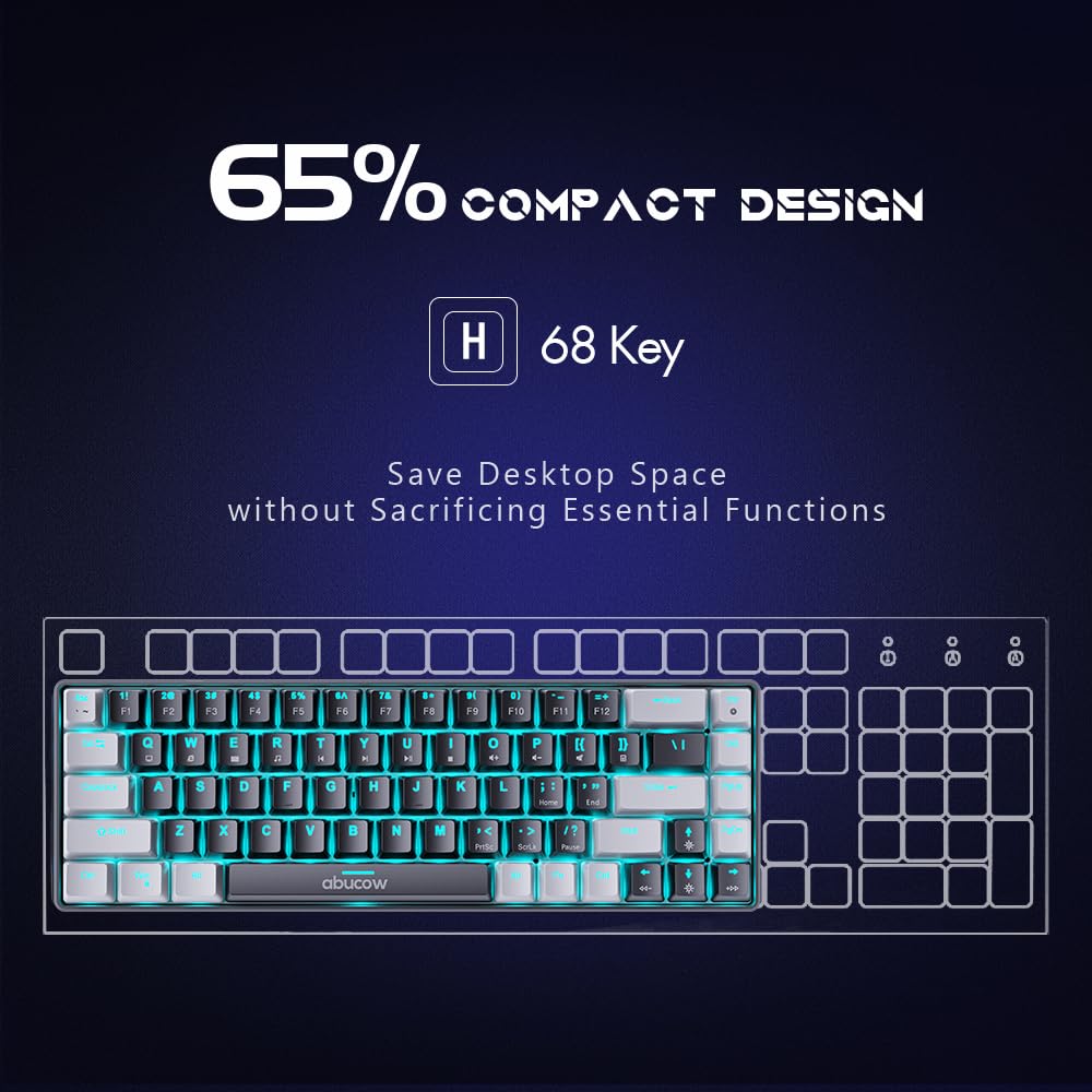 abucow 60% Mechanical Keyboard with Blue Backlight 68-Key Gaming Keyboard Black-Gray Keycaps - Red Switches for a Premium Typing and Gaming Experience PC Mac