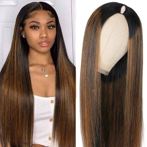 CHEETAHBEAUTY FB30 Ombre V Part Wig Human Hair 16Inch No Leave Out Upgrade Straight U Part Wig Highlight Blonde No Glue Brazilian Virgin Straight Human Hair Wigs for Women Colored Brown 180% Density