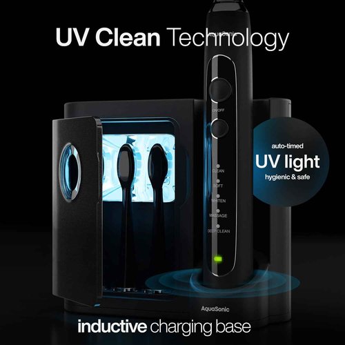 Aquasonic Black Series PRO UV – Ultra-Whitening Electric Toothbrush – 5 Modes & Smart Timers – UV Sanitizing Base, Premium Travel Case & 6 Proflex Brush Heads – ADA Accepted