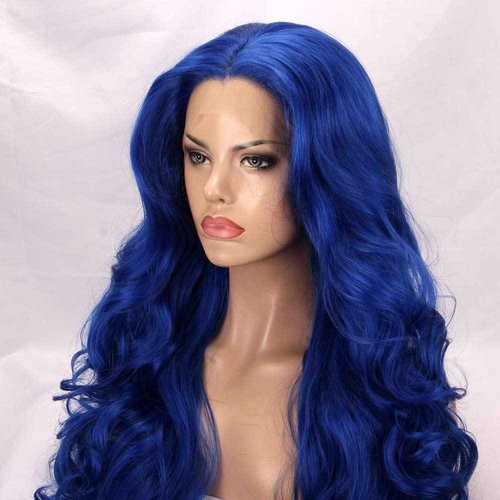 FSLWIGS Blue Lace Front Wig Long Body Wavy Wig Synthetic Hair Look Natural Wigs for Women
