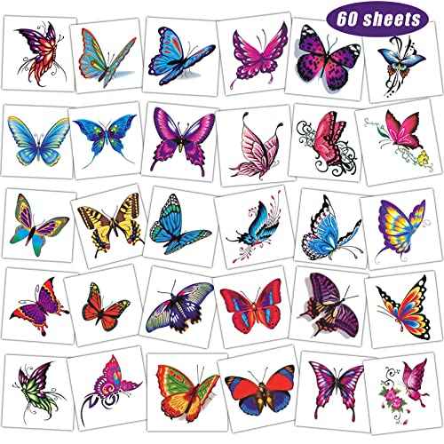 Butterfly Temporary Tattoos for Women Girls, 60 Sheets Fake Colorful Butterflies Individually Wrapped Tattoo Stickers Art 3D Waterproof for Face Body Birthday Party Favors Supplies Gifts