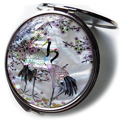 MADDesign Mother of Pearl Compact Mirror Round Double Sided Folding Magnify Crane Apricot Tree Design