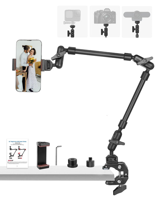 22" Magic Arm w Clamp, Overhead Phone Mount, Flexible Desk Camera Mount, Articulating Friction Boom Arm w Thread Adapter, for POV Shot, Light, Webcam, Mic, Action Camera, for Content Creators