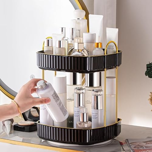 360¡Æ Rotating Makeup Organizer, Spinning Bathroom Organizer Countertop, Large Capacity Cosmetics Skincare Organizer for Bathroom Vanity Dresser Table (Black, 2 Tiers)