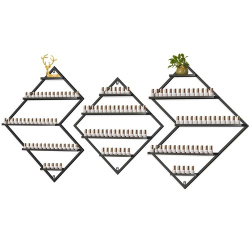 EBANKU Metal Wall Mounted Nail Polish Storage Racks, Black Display Rack Cosmetic Display Case Lipstick Wall Shelf Essential Oil Organizer for Bottles Spa Nail Salon (Irregular Rhomboid)