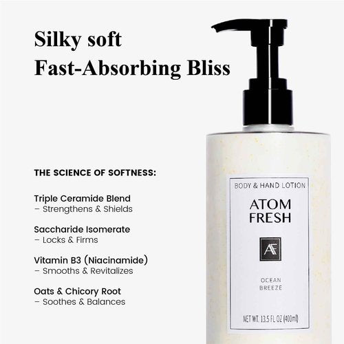Atom Fresh Body Lotion for Women, Hydrating & Firming Body Moisturizer for Dry Skin, Ceramide & Niacinamide Skin Barrier, Non-Greasy Vitamin E Lotion, Rose Fressia Oud Scent, 13.5 fl oz