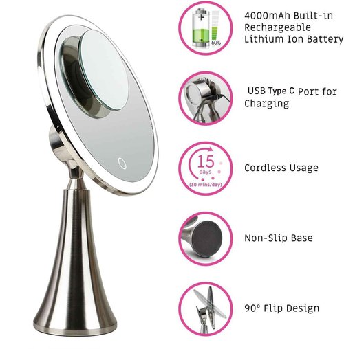Surdy 9" Lighted Makeup Mirror, 5x/10x Dual Magnifying Mirror w/ 3 Color, Brightness Adjustable,360° Rotation, 4000 mAh Rechargeable, Women Gift, Vanity Mirror