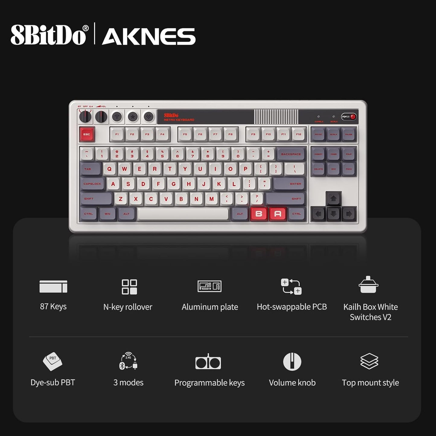 AKNES 8BitDo Retro 108 Mechanical Keyboard, Hot Swappable Gaming Keyboard with 108 Keys&Integrated Numpad, Dual Super Buttons, Bluetooth/2.4G/USB-C Keyboard for Windows & Android - N Edition