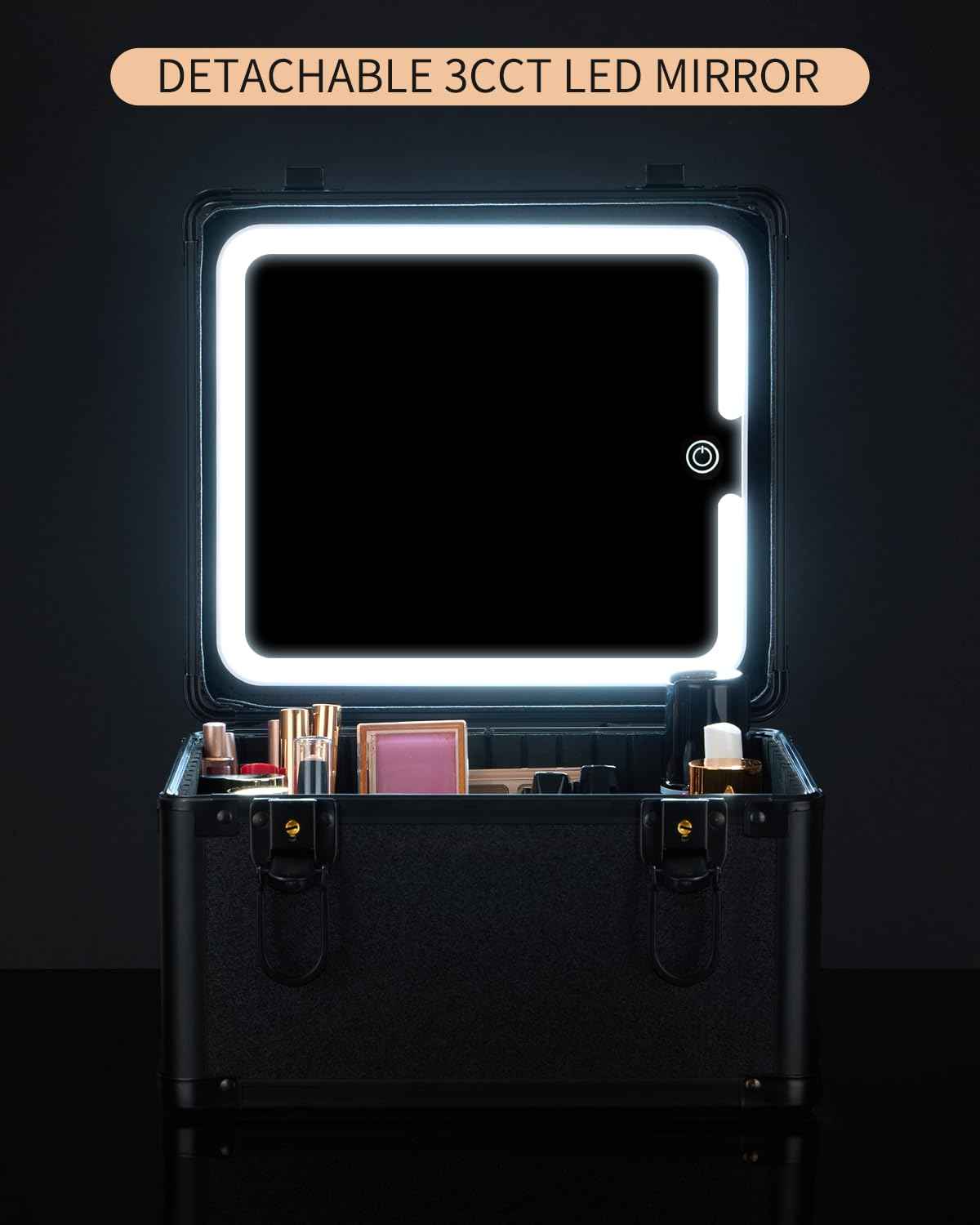 Makeup Case with Lighted Mirror, Travel Makeup Bag Organizer with 3CCT LED Mirror, Cosmetic Bag for Women with Adjustable Divider, Makeup Storage Box with Lock, Waterproof Travel Train Case