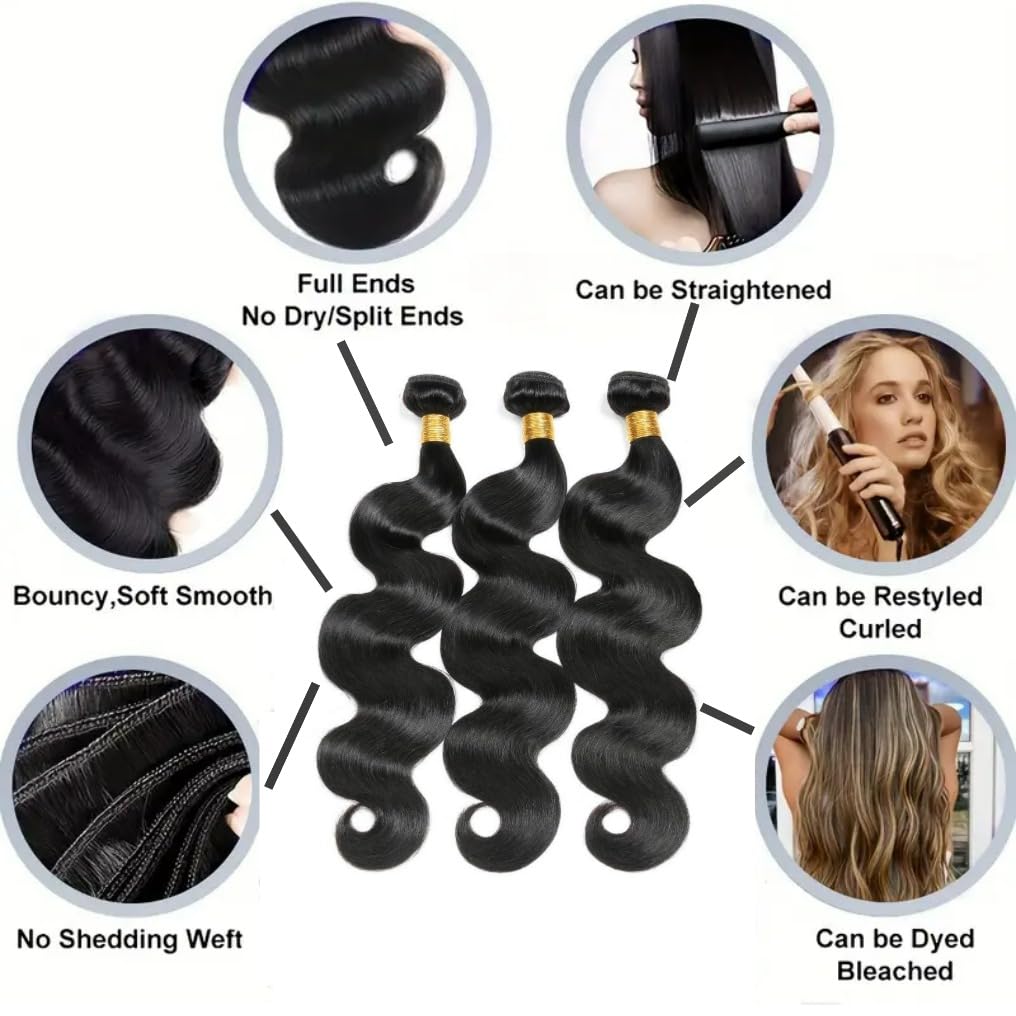 Genrein Body Wave Bundles Human Hair 16 18 20 Inch Brazilian Body Wave Human Hair 3 Bundles Natural Black Virgin Human Hair Extensions Unprocessed Wavy for Women