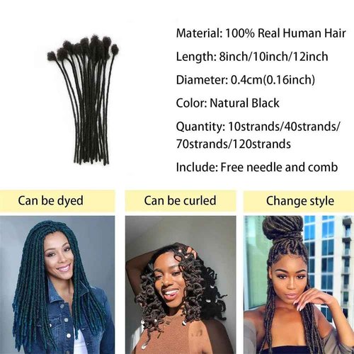 Dreadlock Extensions Human Hair Loc Extensions Dreads Extensions for Men Women 0.4 cm 10 Inch 60 Strands Handmade Permanent Locs Extension Natural Black Soft Locs Hair Extensions Can be Dyed Bleached