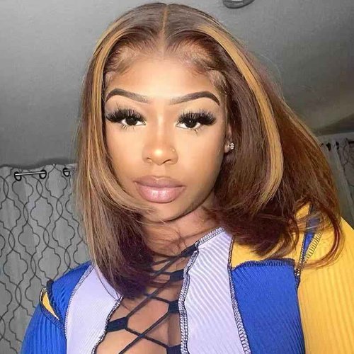 mianduan Highlight Bob Wigs Human Hair 13x4 Frontal Lace Wig 4/27 Honey Blonde Bob Wigs 12inch Glueless Wigs Human Hair pre plucked pre cut 180% Density 12A Short Wigs for Women Human Hair