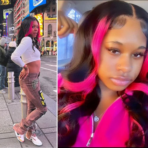 Zikria Skunk Stripe Wave Wig Ombre Lace Frontal Wig Human Hair Wigs 13X4 Pink Red 150% Density HD Transparent Lace 18 Inch