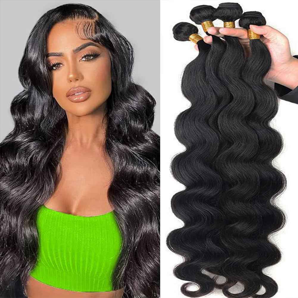 Human Hair Bundles Body Wave 16 18 20 22 Inch 4 Bundles Human Hair Extensions 100% Unprocessed Brazilian Virgin Human Hair double Weft Deals Quick Weave Bundles Hair Natural Black Color