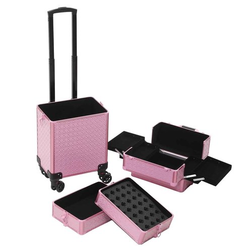 Rolling Train Case 4-in-1 Portable Makeup Train Case Professional Cosmetic Organizer Makeup Traveling case Trolley Cart Trunk (pink)