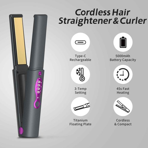 Cordless Hair Straightener Titanium Travel Flat Iron Portable Hair Straightener Fast Heating Cordless Curling Iron 2 in 1 for Straightening & Curling, Wireless Mini Rechargeable 5000mAh w/Safety Lid