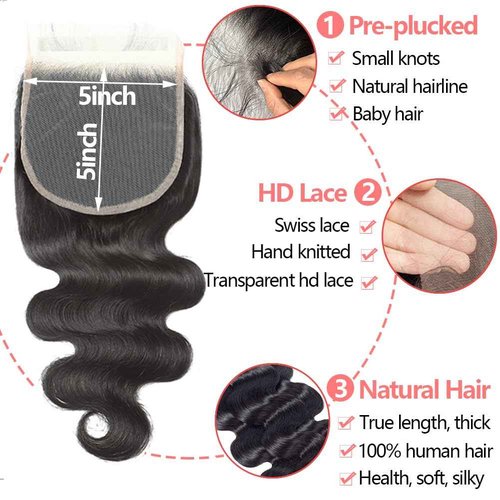 Bundles with Closure Human Hair (20 22 24+18) Body Wave 3 Bundles with 5x5 HD Closure 100% Human Hair 12A Unprocessed Virgin Hair Natural Black