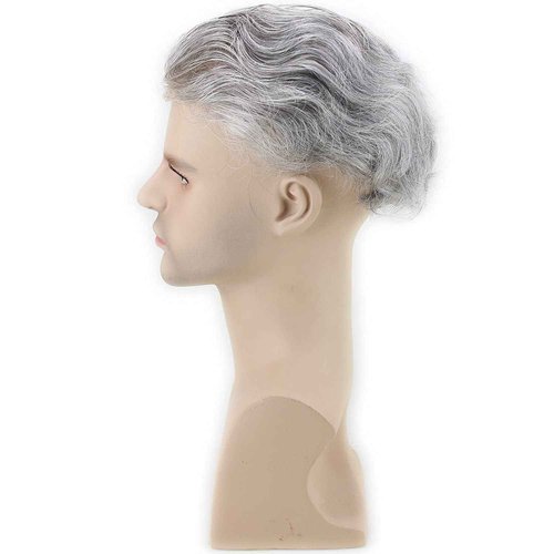 Dreambeauty Human Hair Toupee for Men 10x8 inch, European Human Hair Lace Front Natural Hairline Hair Pieces 0.08mm Thin Skin PU V-looped Men's Hair Replacement System (20% #1B Color Mixed 80% Grey Synthetic Hair)