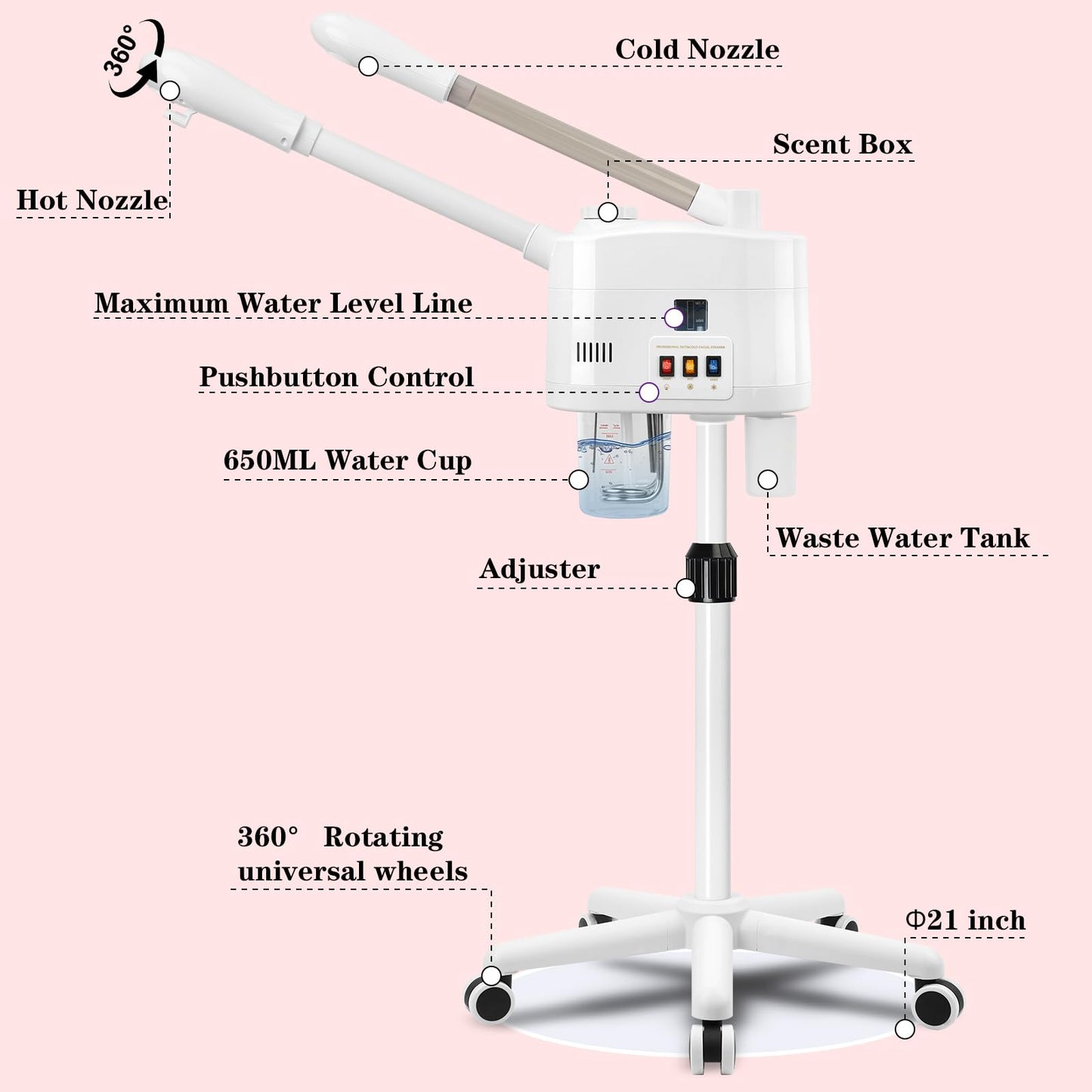 Professional Facial Steamer, 2 in 1 Face Steamer with Cold & Hot Mist, Ozone Facial Steamer with Timer Function, Stand Face Steamer Adjustable Height for Spa, Salon and at Home use