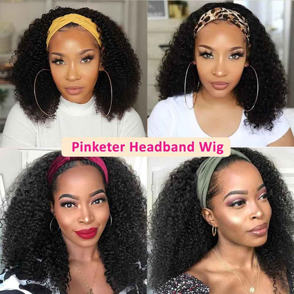 Kinky Curly Human Hair Headband Wig Non Lace Front Wigs for Black Women 150% Density Brazilian Virgin Human Hair Machine Made Wig Natural Color (Headband Wig, 26inch)