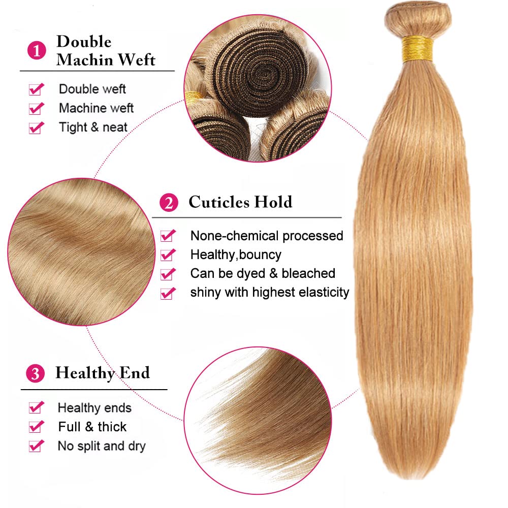 #27 Blonde Bundles Human Hair Straight Bundles 18 20 22 Inch Honey Blonde Straight Bundle Human Hair Extensions Unproceesed Virgin Hair 50 Gram Per Bundle 3 Bundle for Black Women