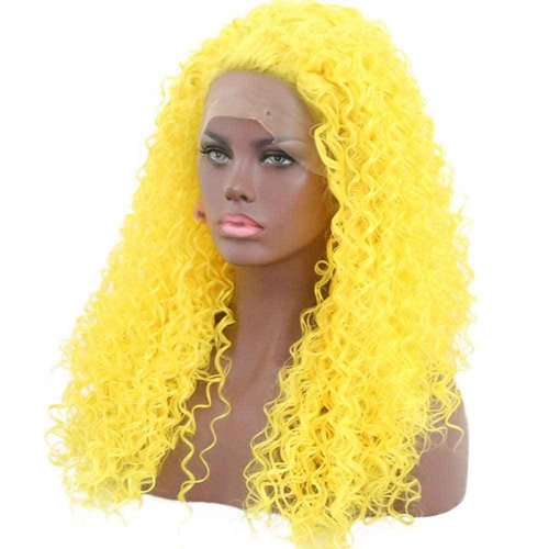 RONGDUOYI Afro Curly Synthetic Lace Front Wigs for Women Bright Yellow Long Curly Wig with Free Part 24Inch Daily Use Cosplay Party Wig