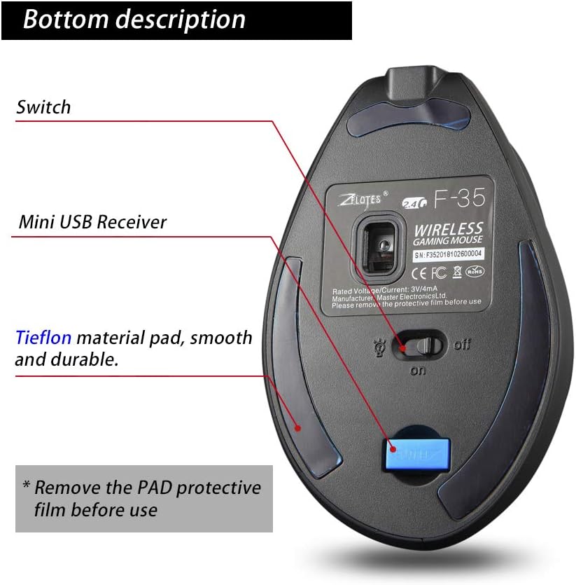 zelotes Optical Wireless Mouse,Rechargeable,2400DPI,Ergonomic Design Reduces Muscle Strain,USB Vertical Ergonomic Mouse,Cordless Portable Mouse for PC,Mac,Laptop
