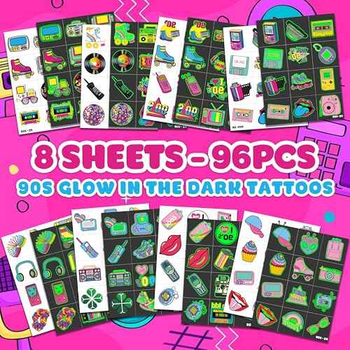 96 PCS Back to the 90s 80s Pre-Cut Luminous Temporary Tattoos for Kids Theme Birthday Party Decorations Supplies Favors Decor Super Cute Retro Stickers Tattoo Gifs for Boys Girls Rewards Carnival