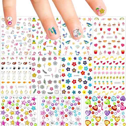 NOOEPC Nail Stickers for Kids and Mini Face Gems, Cute Nail Gem Stickers, Kids Nails Set for Girls Birthday Girl Party Favors Flower, Unicorn, Fruits, Animal Nail Art Design Decoration Accessories