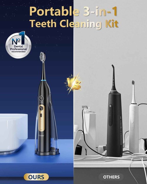 Electric Toothbrush with Water Flosser Combo, Professional Oral Care with 3 Brush Modes & 5 Water Pressure, Rechargeable Flossing Toothbrush for Adults Teeth Cleaning, Cordless for Home&Travel, Black